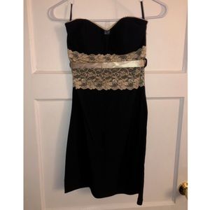 Black strapless mini dress with beige lace center